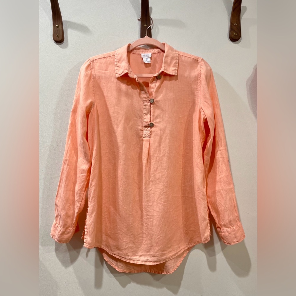 Sigrid Olsen 100% Linen Roll Tab Sleeve Tunic Top Peach Size S